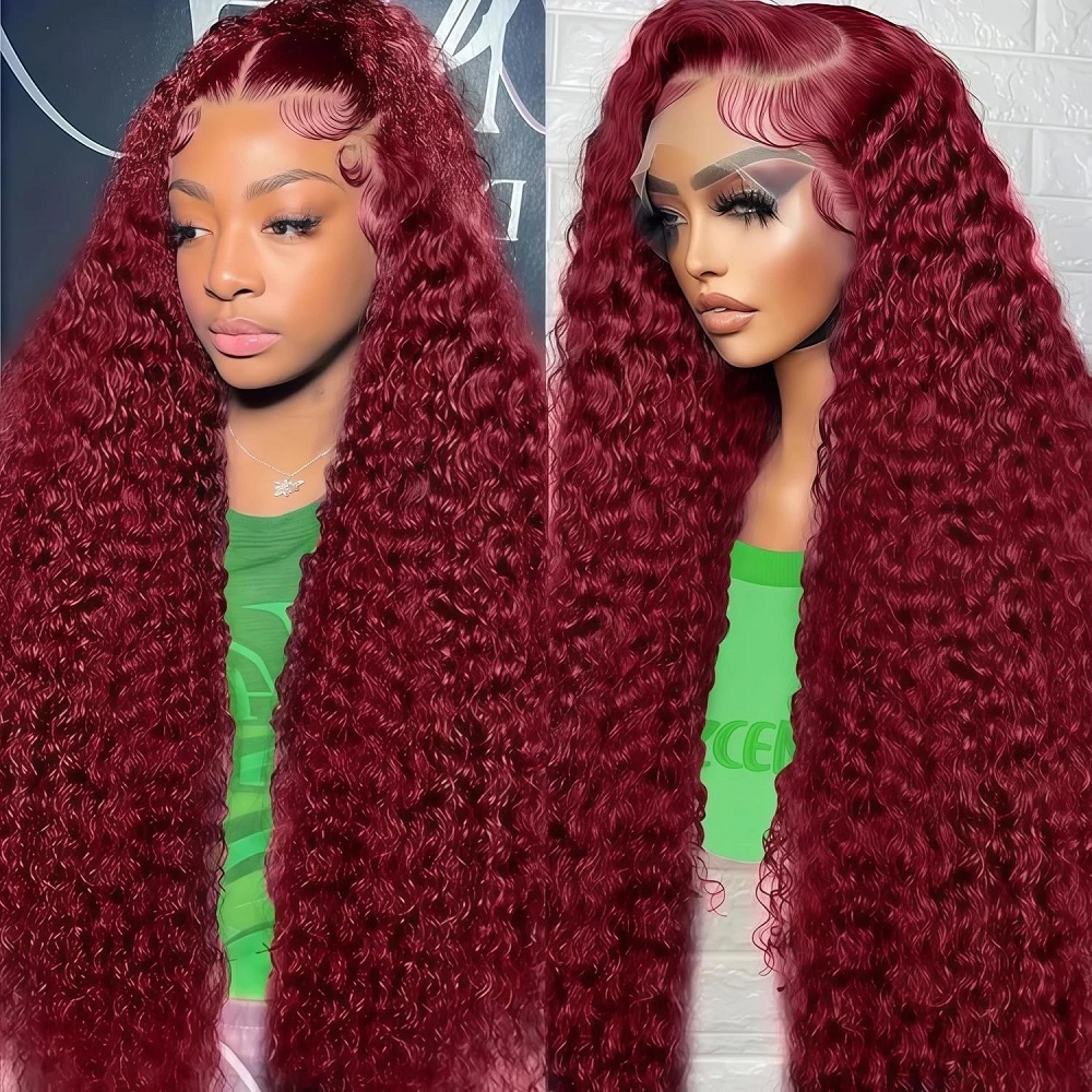 Lace Front Wigs - Wig rambut manusia warna burgundy 99J,