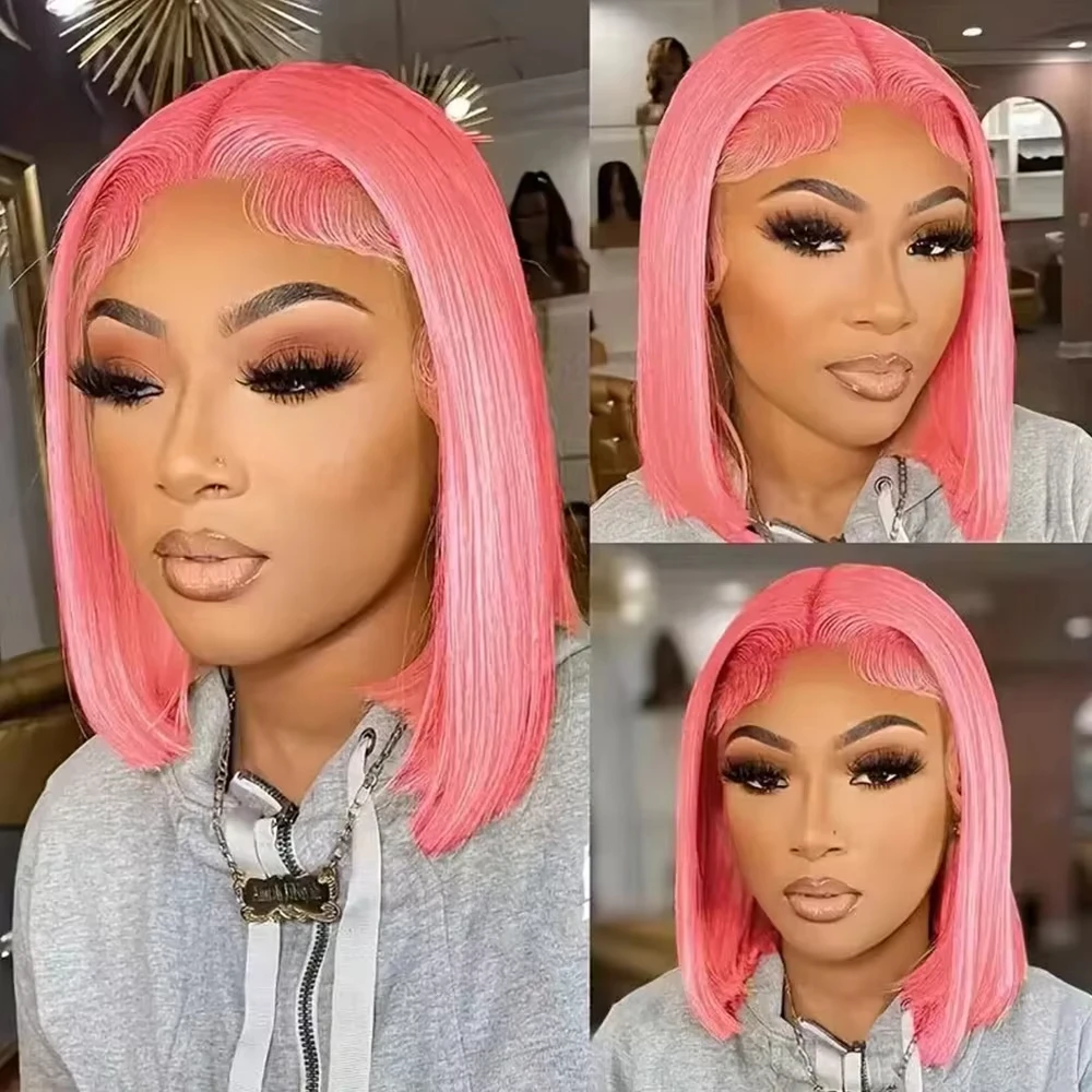 Wig Bob Merah Muda 10 Inci, Ra - Pre Parted 13X4 Lace Front Bob Wig ulasan dan harga